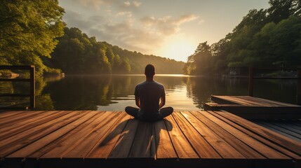 Meditation auf einem Steg an einem Fluss - Generative AI