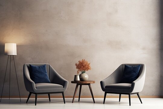 Minimalist modern interior design mockup with navy blue armchairs in a beige taupe room. Plaster texture microcement wall, empty background for art. a trendy lounge reception lobby. - Powered by Adobe