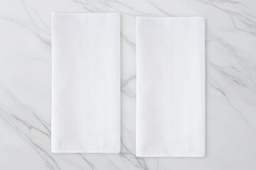 Two waffle fabric kitchen towels mockup for design presentation, marble kitchen table background, top view.