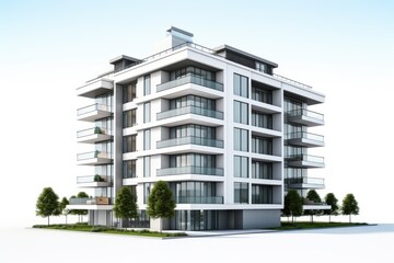 Luxury apartment or condo building, isolated on white background, in 3D render.