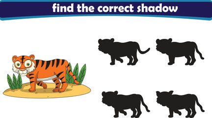 Funny cartoon tigers. find the correct shadow. Kids Education games. Cartoon vector illustration