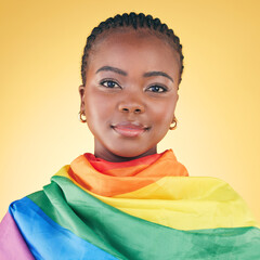 Black woman, portrait, pride flag and lgbtq with lesbian, freedom and support isolated on yellow...