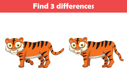 Fototapeta na wymiar Education game for children find three differences between two tigers animal cartoon. Vector illustration