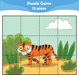 Funny tigers. Puzzle games for kids. 12 piece. Child education. Vector illustration