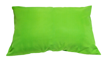 Top view of green pillow at hotel or resort room isolated on white background with clipping path. Concept of comfortable and happy sleep in daily life