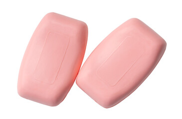 Top view of two dry pink soap bars isolated on white background with clipping path in png file format