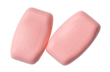 Top view of two dry pink soap bars isolated on white background with clipping path in png file format