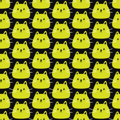 Simple cute cat pattern. Seamless vector pattern with green cat head on black background