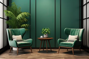 Obraz premium Living room 3D render with green armchairs, table, and decor mock up