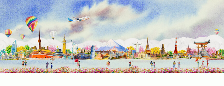 Travel holiday around world with people, airplane and balloons.