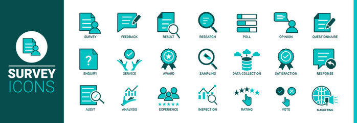 Survey icon set. Survey icon, online survey icon, land survey icons, survey icons, survey, feedback, result, research, poll, opinion, enquiry, data collection, response, audit, Vector illustration.