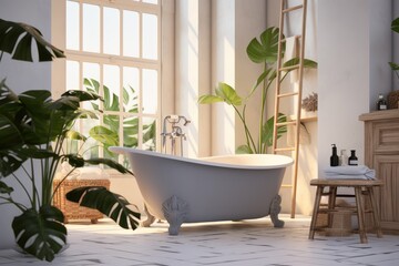 Light bathroom with tub and Monstera houseplant