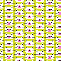 Simple cute cat pattern. Seamless vector pattern with white and pink cat heads on green background