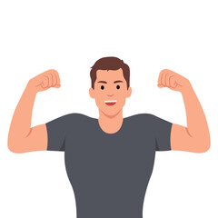 Attractive young muscular man flexing biceps and smiling happy. Flat vector illustration isolated on white background