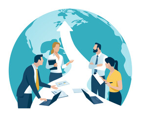 Global trade, investing. The business team stands at a table in the shape of an rising arrow pointing to a globe. Business vector illustration.
