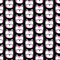 A simple pattern with a cat. Seamless vector children's pattern with white cat faces on black background.