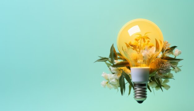 Energy saving concept. Light bulb with green leaves and flowers. Collage with copy space. Wide horisontal banner. AI generated design, postproduction. 