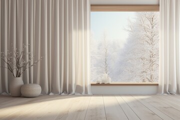 Minimalist room with wooden floor and decor on a large wall, featuring a window with curtains showing a white landscape outside. Nordic style interior. Illustrated in 3D.