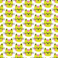A simple pattern with a cat. Seamless vector kids pattern with yellow cat faces on white background.