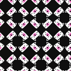 Simple cute cat pattern. Seamless vector pattern with white cat head on black background