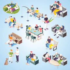 time together isometric icon set spend time situations with friends family parents lovers illustration