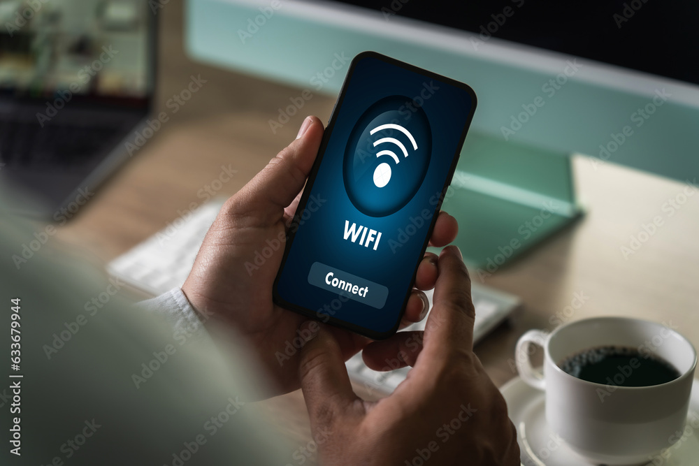 Poster close-up man using smartphone with wifi icon communication social network button to connect to wirel