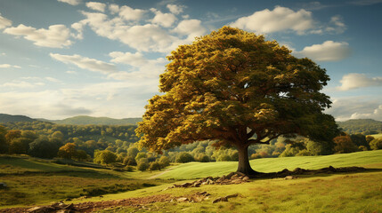 Fototapeta premium Majestic Walnut Tree: A towering walnut tree in the midst of a golden autumn landscape, its lush green leaves turning vibrant shades of yellow and orange 