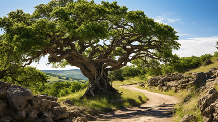 Timeless Wisdom: An ancient walnut tree with gnarled bark, standing as a testament to the enduring presence of nature 