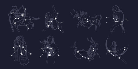 vintage retro engraving style. zodiac sign and astrology. printing on gold foil. modern style of tattoo on clothes. nude style. for printing on fabric and packaging