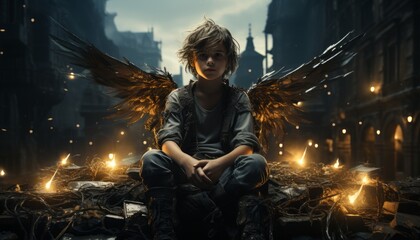 holy angel boy in old clothes with black wings, sitting on the background of the temple.Created with the help of AI - obrazy, fototapety, plakaty
