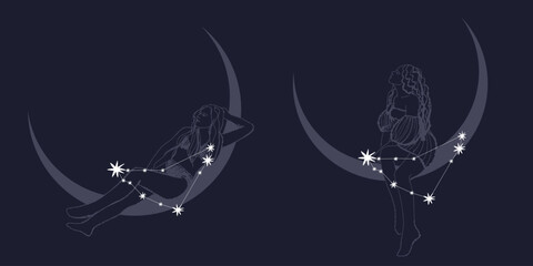 woman contour astrology, goddess of female power. zodiac signs, tarot cards, fortune-telling and predictions, forecast