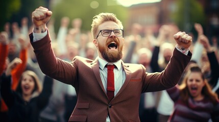 A man with a beard and glasses is raising his arms in the air. Generative AI image.