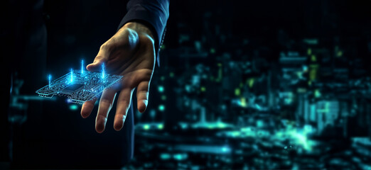 Hand berührt virtuelles Touch Screen mit viel Technik im Hintergrund, ai generativ