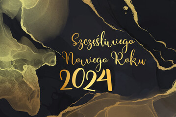 karta lub baner, aby życzyć szczęśliwego nowego roku 2024 w kolorze złotym na czarnym tle ze złotymi gałęziami - obrazy, fototapety, plakaty