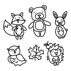 A set of forest animals is a monochrome collection in the style of a sketch. Animals bear, fox, hare, hedgehog, owl, leaf. Cute hand-drawn cartoon illustration. Elements of doodles by hand