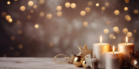 Christmas background with holiday decoration, stars and candles.