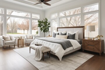 Master bedroom in new luxury home with ample natural light, furnished with fan and nightstands.