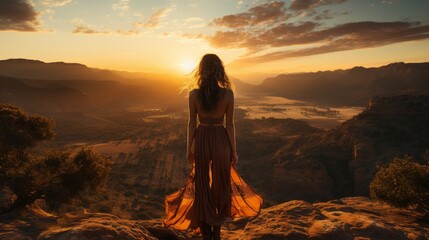 Capture the essence of wanderlust with a wide-angle lens, showcasing a solo traveler standing on the edge of a cliff overlooking a breathtaking landscape at sunset. 