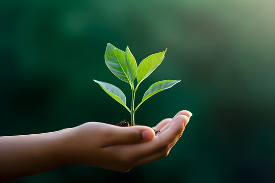 Young Children Hands Holding Plant, Eco Earth Concept, AI generated.