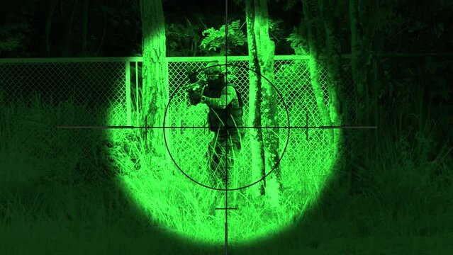 Special police was being assassinated and shot dead through the lens of an enemy sniper scope nightvision
