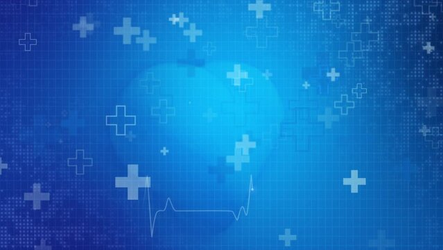 Moving geometric symbols of crosses and pluses. Blue abstract background with large pixelated squares. Medical screensaver with heart pulse line. Looped animation.