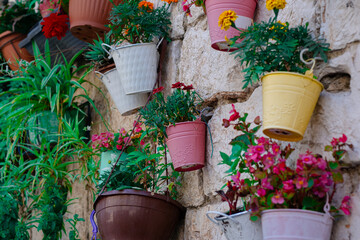 Flowers in pots suspended from an antique stone wall