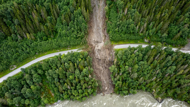 Massive landslide after heavy rain blocking road in central Norway