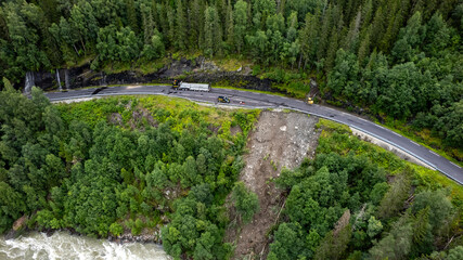 Fototapeta na wymiar Massive landslide after heavy rain blocking road in central Norway