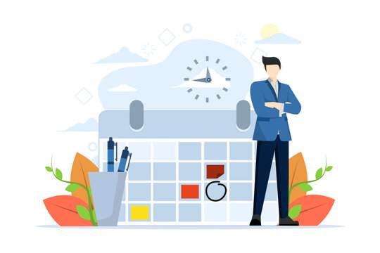 Time management concept, planning project, businessman standing beside calendar and pen box, successfully completing work assignments, organizing schedule. flat vector illustration on background.