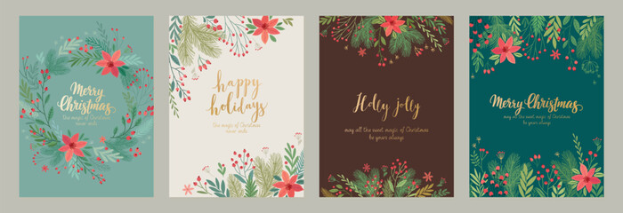 Christmas card set - hand drawn floral flyers. Lettering with Christmas decorative elements.