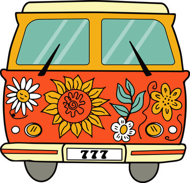 Hippie Vintage Bus With Flowers. Groovy Retro Hippie Travel Car. Vector Illustration