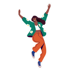 Happy woman character jumping from joy in modern clothes. Flat vector illustration.