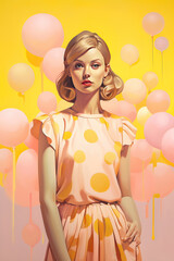 Illustration of a woman in yellow dress, in front of yellow pink decoration. Retro portrait, beauty, fashion, make up.