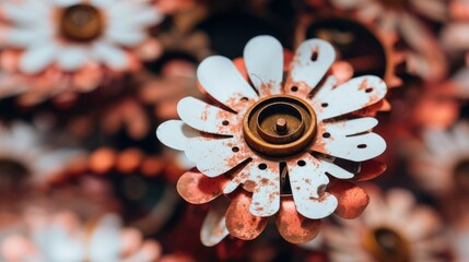 Seamless texture - Rusty red and white metal flowers made from discarded industrial waste of cogs and gears, mild steel cutout petals, steampunk metalcraft abstract - generative AI  